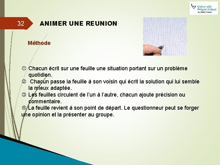32 ANIMER UNE REUNION Méthode Chacun écrit sur une feuille une situation portant sur