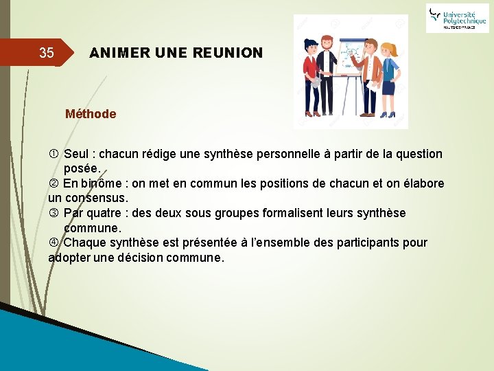 35 ANIMER UNE REUNION Méthode Seul : chacun rédige une synthèse personnelle à partir