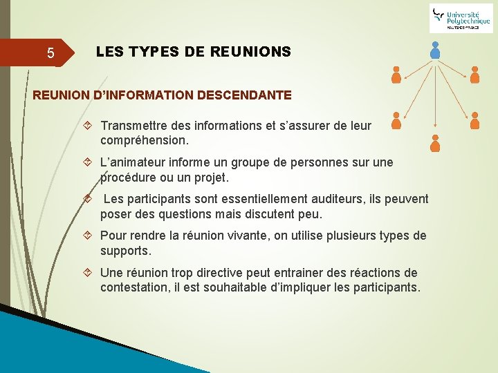 5 LES TYPES DE REUNIONS REUNION D’INFORMATION DESCENDANTE Transmettre des informations et s’assurer de