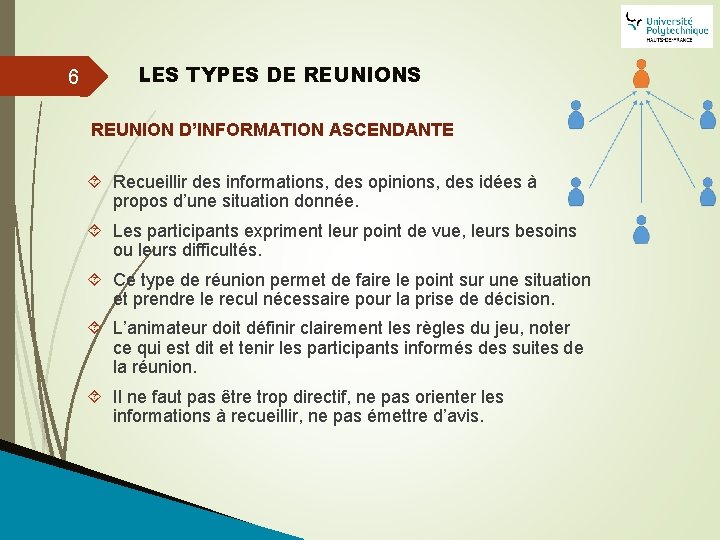 6 LES TYPES DE REUNIONS REUNION D’INFORMATION ASCENDANTE Recueillir des informations, des opinions, des