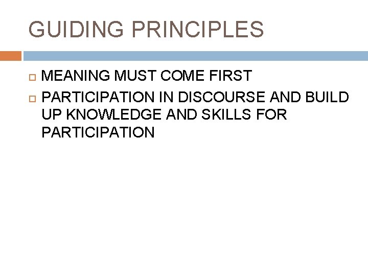 GUIDING PRINCIPLES MEANING MUST COME FIRST PARTICIPATION IN DISCOURSE AND BUILD UP KNOWLEDGE AND