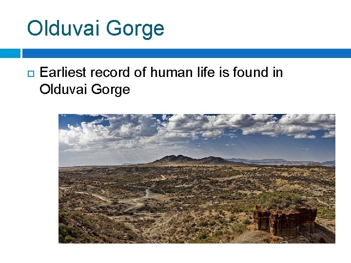 Olduvai Gorge Earliest record of human life is found in Olduvai Gorge 