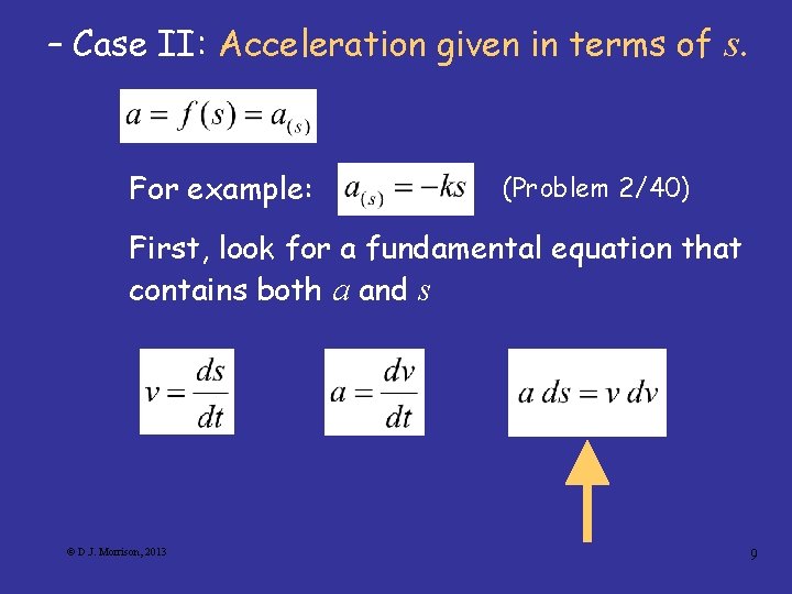 – Case II: Acceleration given in terms of s. For example: (Problem 2/40) First,