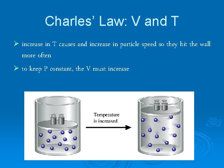 Charles’ Law: V and T Ø increase in T causes and increase in particle