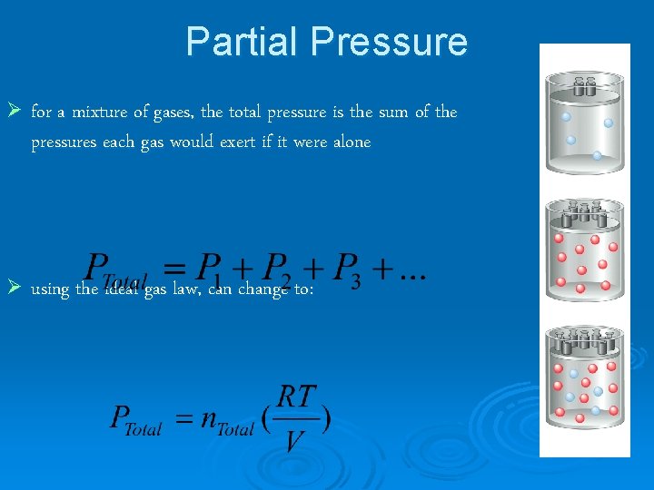 Partial Pressure Ø for a mixture of gases, the total pressure is the sum
