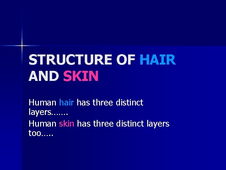 STRUCTURE OF HAIR AND SKIN Human hair has three distinct layers……. Human skin has