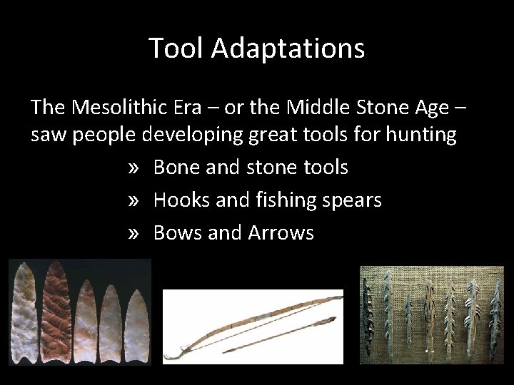 Tool Adaptations The Mesolithic Era – or the Middle Stone Age – saw people