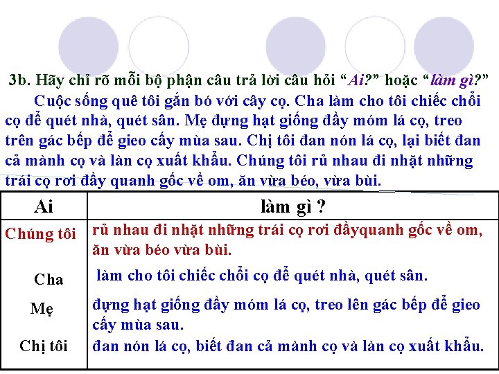 3 b. Hãy chỉ rõ mỗi bộ phận câu trả lời câu hỏi “Ai?