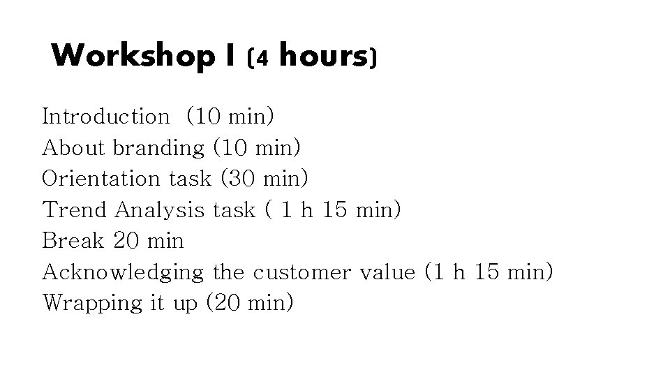Workshop I (4 hours) Introduction (10 min) About branding (10 min) Orientation task (30