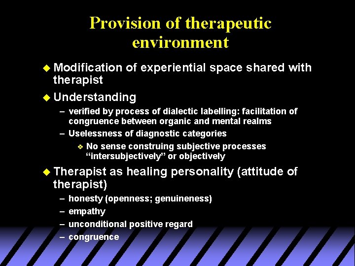 Provision of therapeutic environment u Modification of experiential space shared with therapist u Understanding