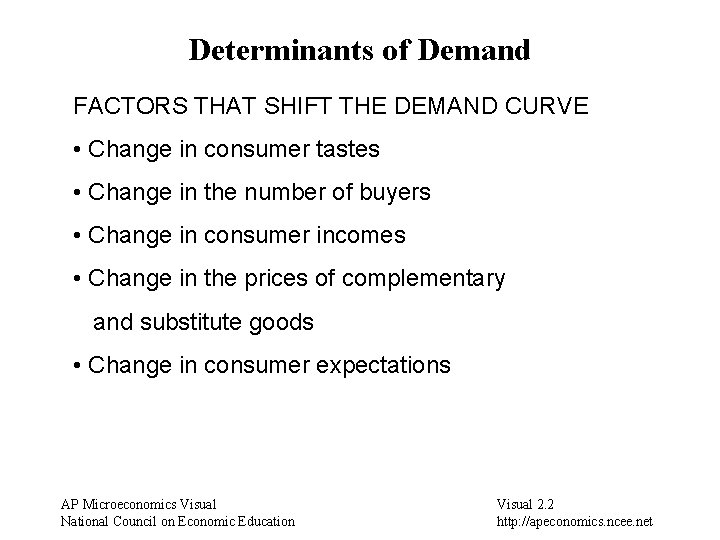 Determinants of Demand FACTORS THAT SHIFT THE DEMAND CURVE • Change in consumer tastes
