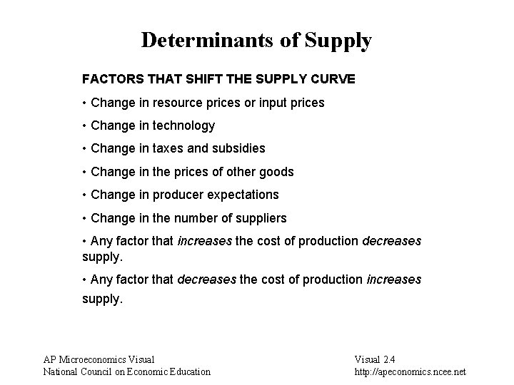 Determinants of Supply FACTORS THAT SHIFT THE SUPPLY CURVE • Change in resource prices