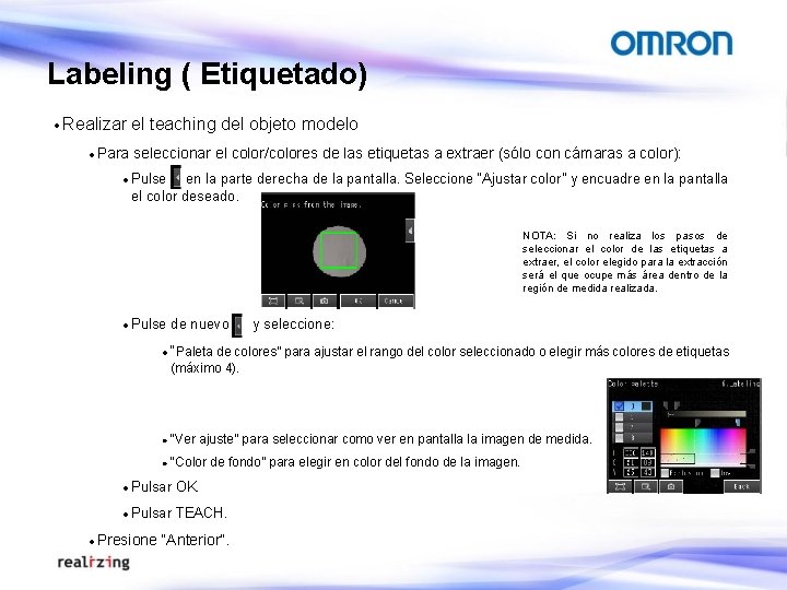 Labeling ( Etiquetado) · Realizar · Para el teaching del objeto modelo seleccionar el