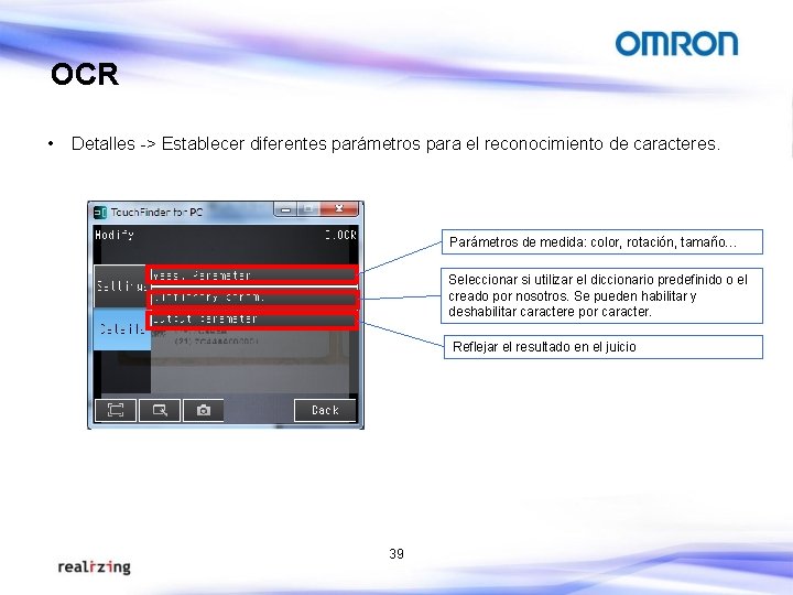 OCR • Detalles -> Establecer diferentes parámetros para el reconocimiento de caracteres. Parámetros de