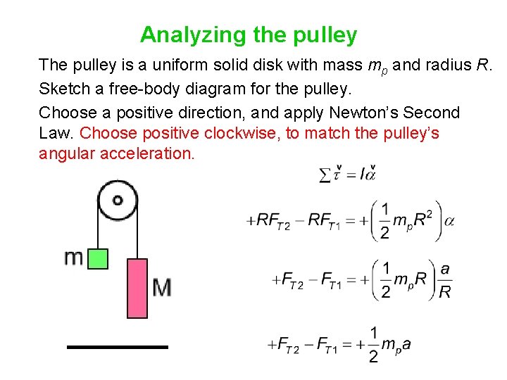 Analyzing the pulley The pulley is a uniform solid disk with mass mp and