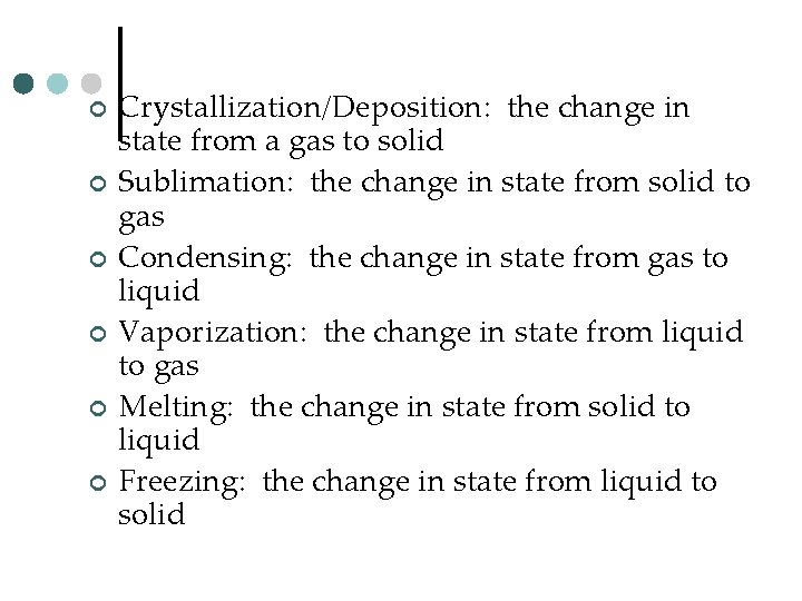 ¢ ¢ ¢ Crystallization/Deposition: the change in state from a gas to solid Sublimation: