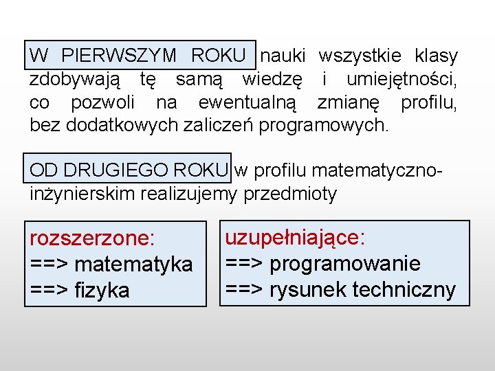 W PIERWSZYM ROKU nauki wszystkie klasy zdobywają tę samą wiedzę i umiejętności, co pozwoli