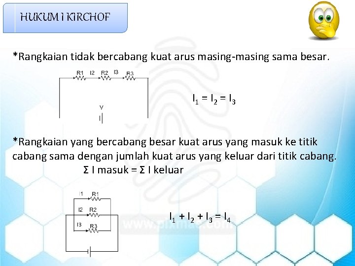 HUKUM I KIRCHOF *Rangkaian tidak bercabang kuat arus masing-masing sama besar. I 1 =