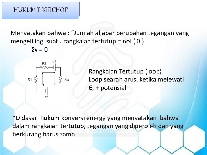 HUKUM II KIRCHOF Menyatakan bahwa : “Jumlah aljabar perubahan tegangan yang mengelilingi suatu rangkaian