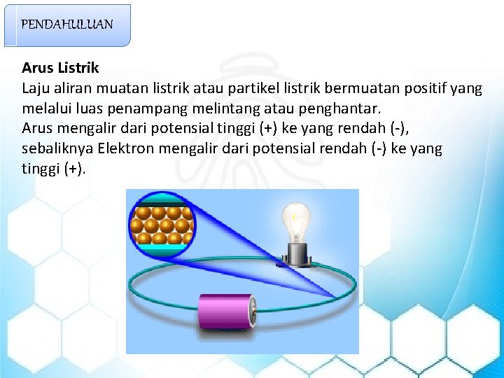 PENDAHULUAN Arus Listrik Laju aliran muatan listrik atau partikel listrik bermuatan positif yang melalui