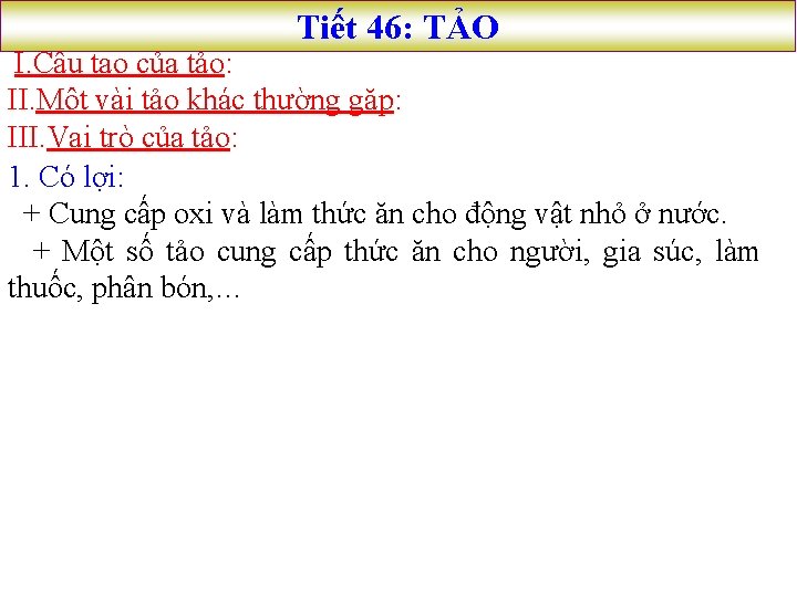 Tiết 46: TẢO I. Cấu tạo của tảo: II. Một vài tảo khác thường