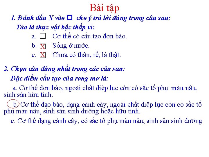 Bài tập 1. Đánh dấu X vào cho ý trả lời đúng trong câu