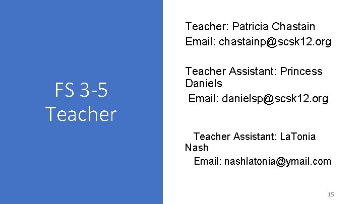 Teacher: Patricia Chastain Email: chastainp@scsk 12. org FS 3 -5 Teacher Assistant: Princess Daniels
