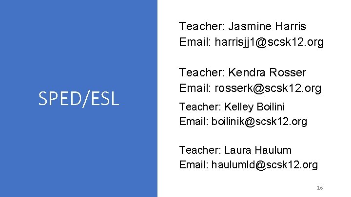 Teacher: Jasmine Harris Email: harrisjj 1@scsk 12. org SPED/ESL Teacher: Kendra Rosser Email: rosserk@scsk