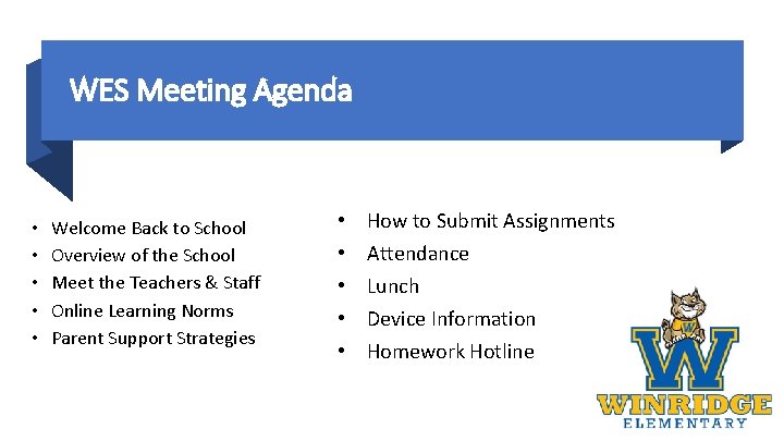 WES Meeting Agenda • • • Welcome Back to School Overview of the School