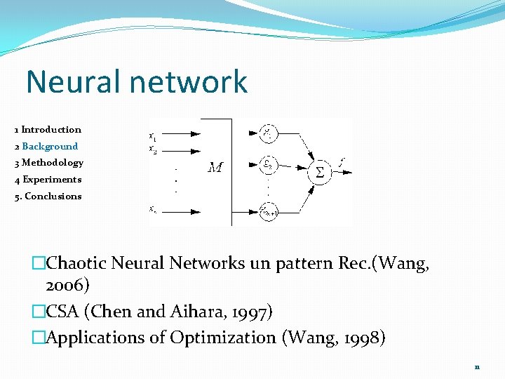 Neural network 1 Introduction 2 Background 3 Methodology 4 Experiments 5. Conclusions �Chaotic Neural