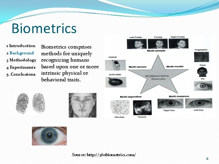 Biometrics 1 Introduction 2 Background 3 Methodology 4 Experiments 5. Conclusions Biometrics comprises methods