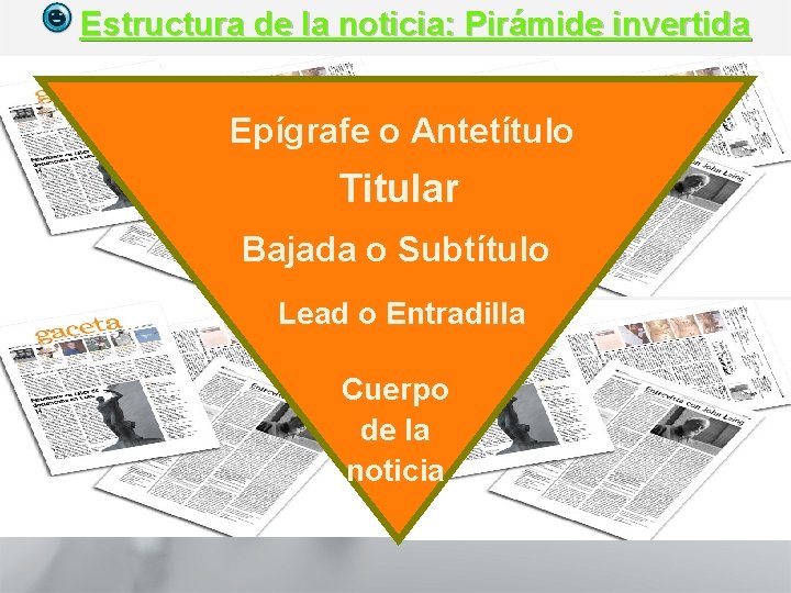 Estructura de la noticia: Pirámide invertida Epígrafe o Antetítulo Titular Bajada o Subtítulo Lead