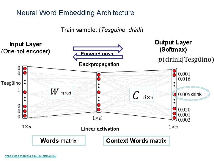 Neural Word Embedding Architecture Train sample: (Tesgüino, drink) Input Layer (One-hot encoder) Forward pass