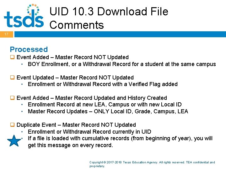 UID 10. 3 Download File Comments 17 Processed q Event Added – Master Record