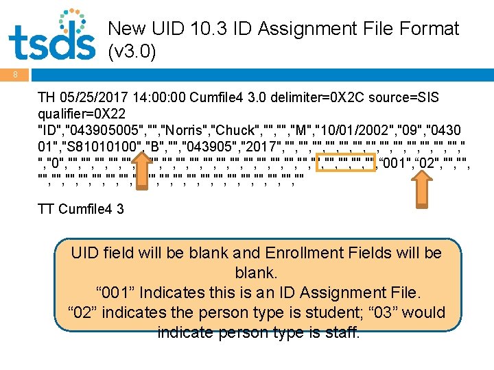 New UID 10. 3 ID Assignment File Format (v 3. 0) 8 TH 05/25/2017