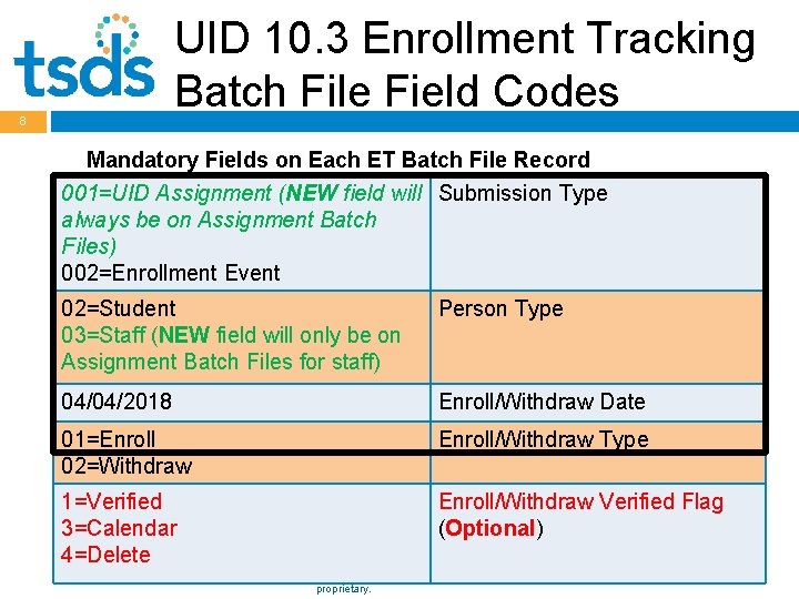 UID 10. 3 Enrollment Tracking Batch File Field Codes 8 Mandatory Fields on Each