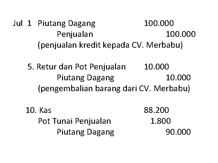 Jul 1 Piutang Dagang 100. 000 Penjualan 100. 000 (penjualan kredit kepada CV. Merbabu)