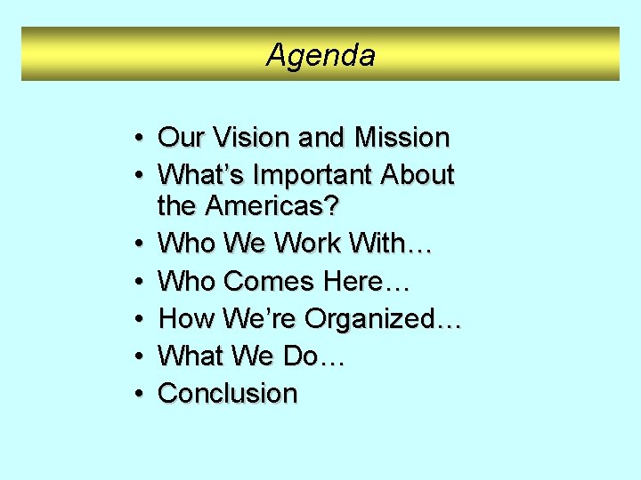 Agenda • Our Vision and Mission • What’s Important About the Americas? • Who