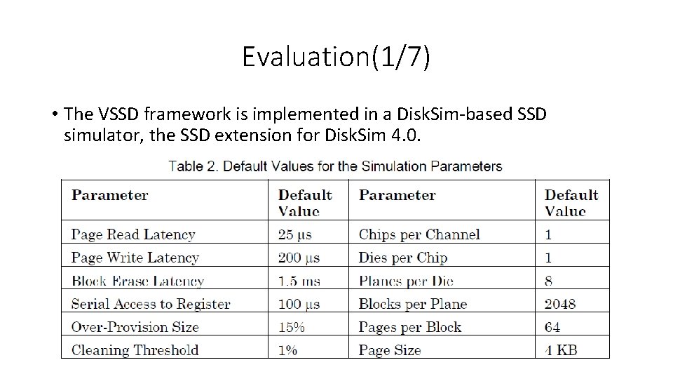 Evaluation(1/7) • The VSSD framework is implemented in a Disk. Sim-based SSD simulator, the