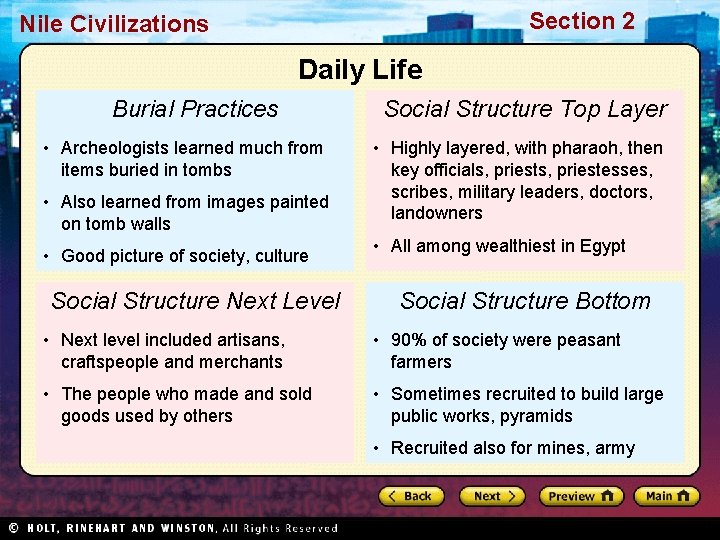 Section 2 Nile Civilizations Daily Life Burial Practices • Archeologists learned much from items