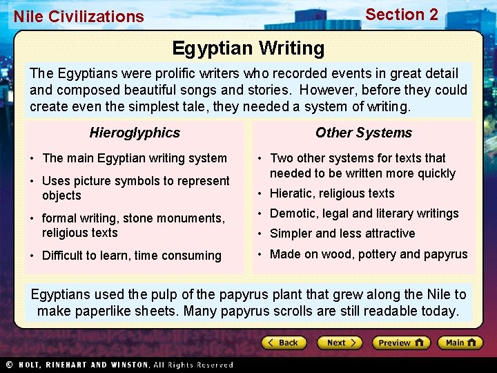Section 2 Nile Civilizations Egyptian Writing The Egyptians were prolific writers who recorded events