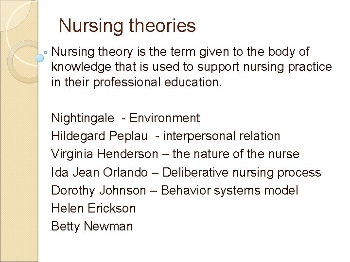 Nursing theories Nursing theory is the term given to the body of knowledge that