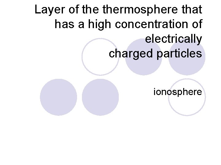 Layer of thermosphere that has a high concentration of electrically charged particles ionosphere 