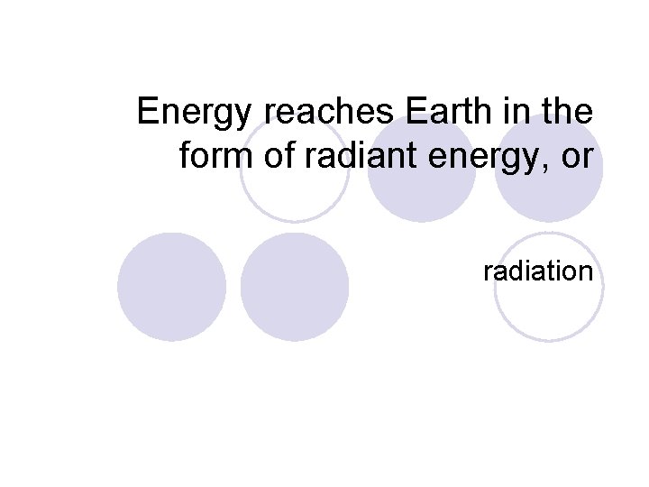 Energy reaches Earth in the form of radiant energy, or radiation 