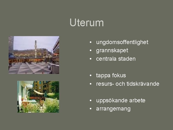 Uterum • ungdomsoffentlighet • grannskapet • centrala staden • tappa fokus • resurs- och