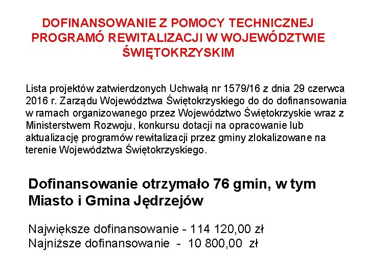DOFINANSOWANIE Z POMOCY TECHNICZNEJ PROGRAMÓ REWITALIZACJI W WOJEWÓDZTWIE ŚWIĘTOKRZYSKIM Lista projektów zatwierdzonych Uchwałą nr DOFINANSOWANIE Z POMOCY TECHNICZNEJ PROGRAMÓ REWITALIZACJI W WOJEWÓDZTWIE ŚWIĘTOKRZYSKIM Lista projektów zatwierdzonych Uchwałą nr