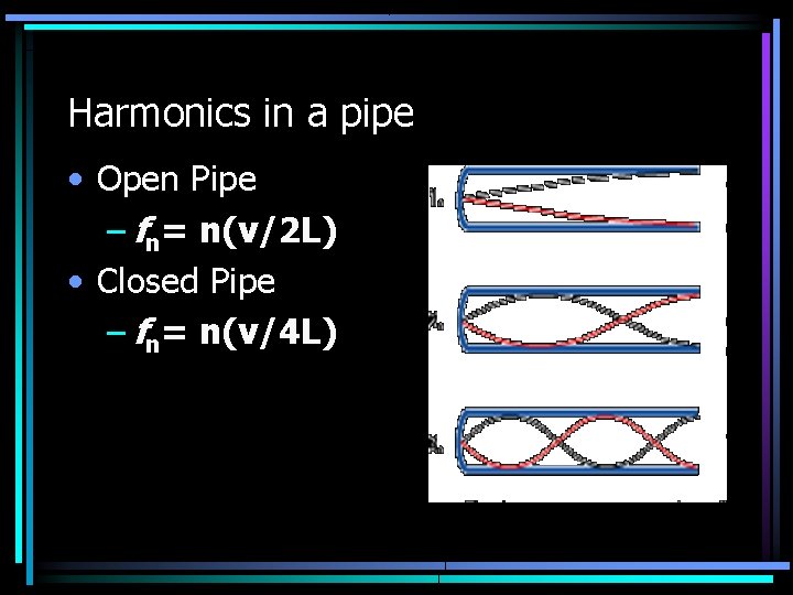 Harmonics in a pipe • Open Pipe – fn= n(v/2 L) • Closed Pipe