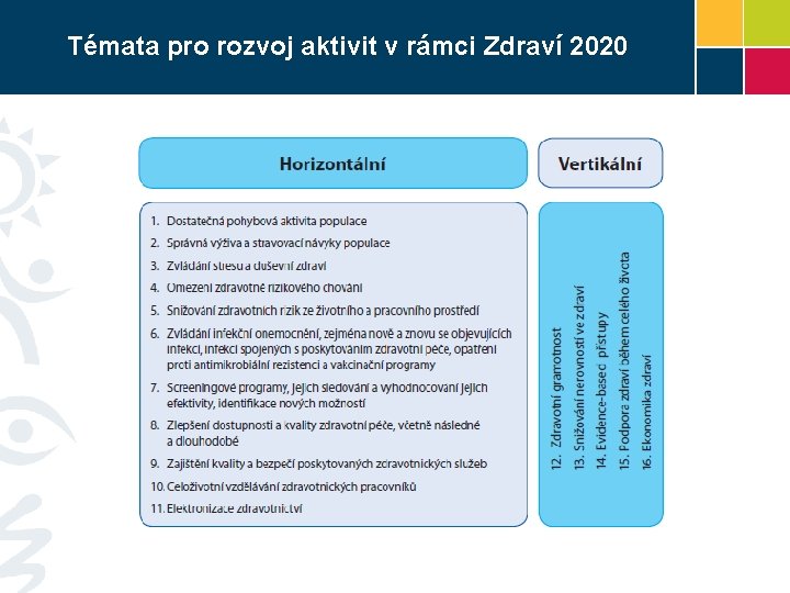 Témata pro rozvoj aktivit v rámci Zdraví 2020 