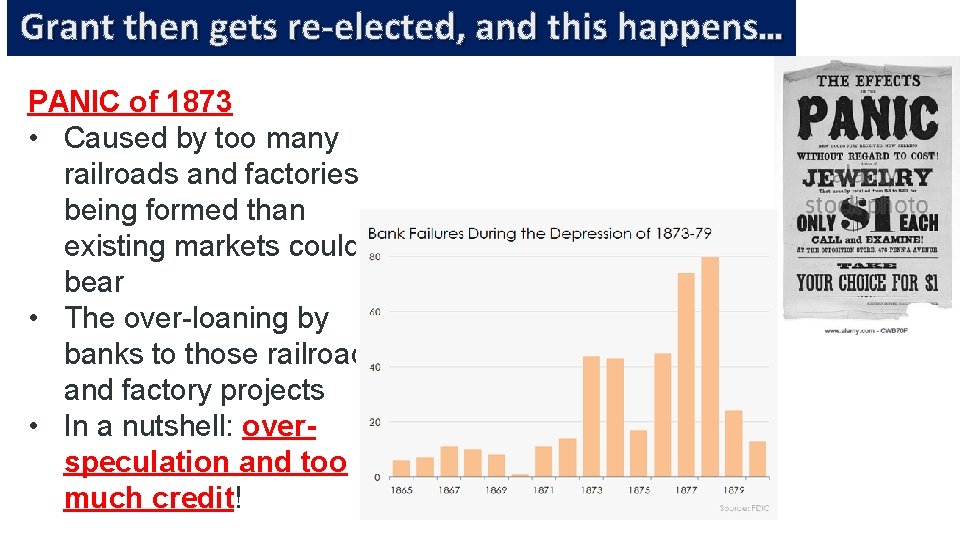 Grant then gets re-elected, and this happens… PANIC of 1873 • Caused by too