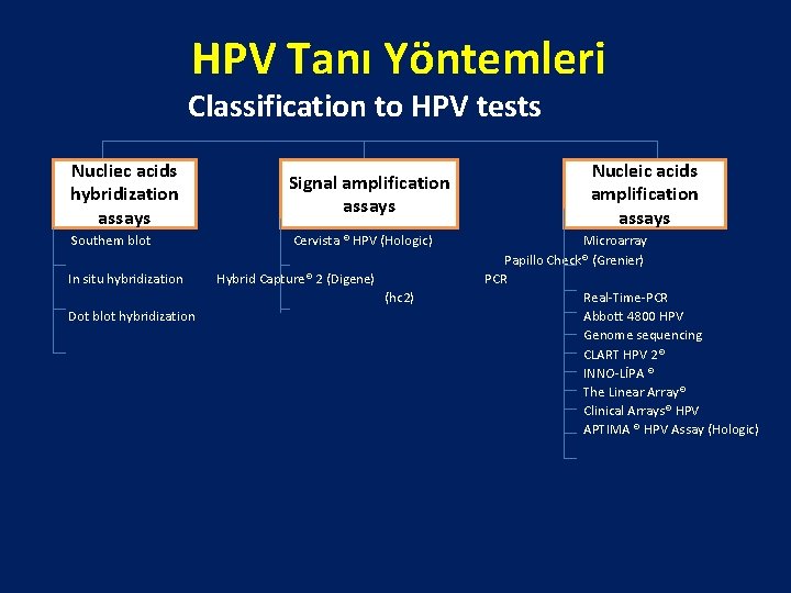 HPV Tanı Yöntemleri Classification to HPV tests Nucliec acids hybridization assays Signal amplification assays